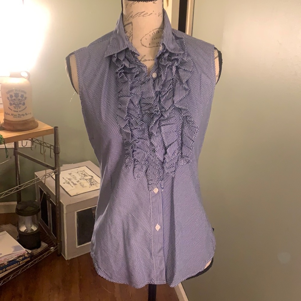 Cute casual shirt ruffle front pin stripe blue/white awesome condition